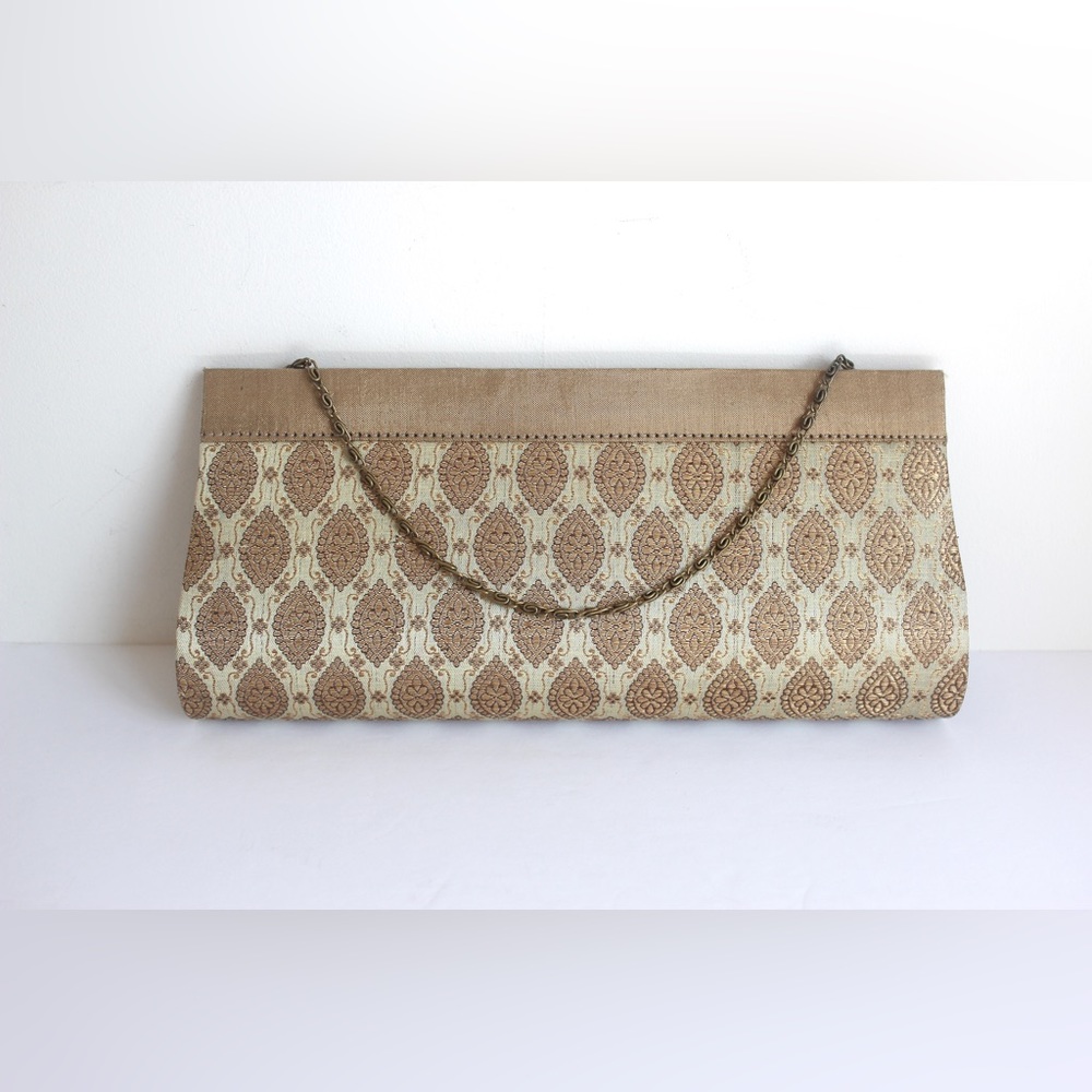 Gold Metallic Brocade Clutch with Brass Chain, Pattern Interior Pockets Evening